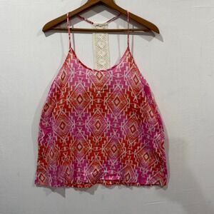 Rip Curl Womens Pink Orange Geometric Ikat Crochet Lace Racerback Tank Top Small